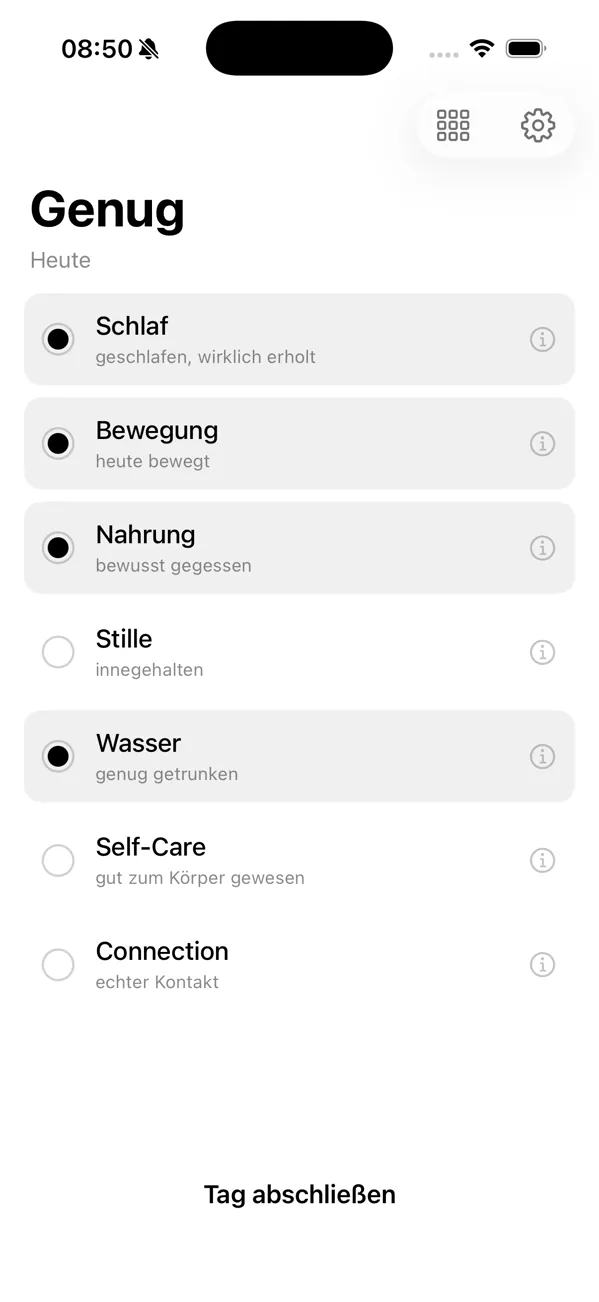 The monochrome first version with four of seven rows confirmed and the Tag abschließen button ready below them.