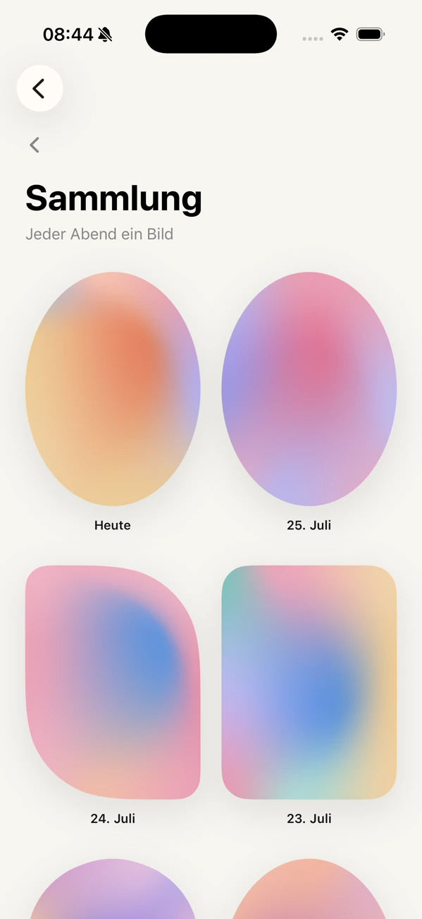 The Sammlung: a two-column gallery of individual gradient pictures, one for each finished day.