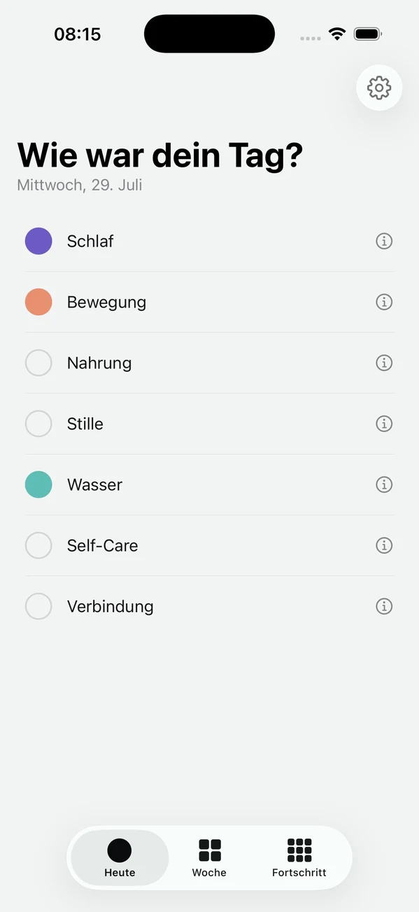 Der Heute-Bildschirm der App: „Wie war dein Tag?“, darunter die sieben Themen als Liste, drei davon angetippt.