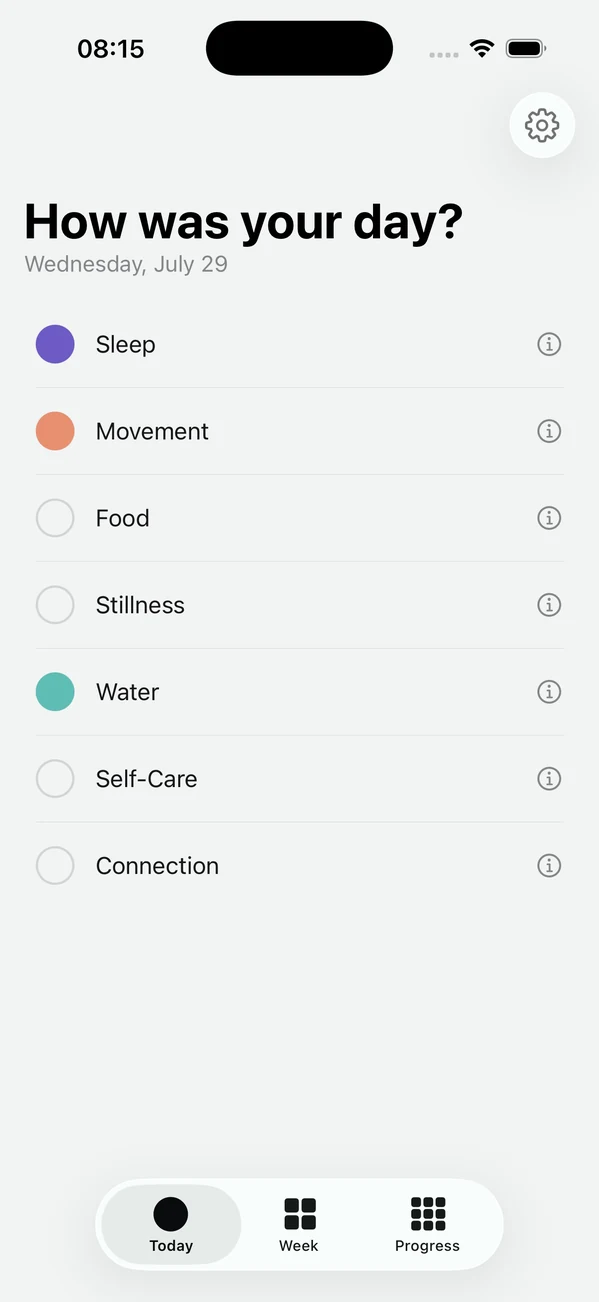The app’s today screen: “How was your day?” above the seven as a list, three of them tapped.